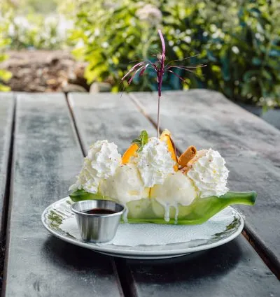 Glace-Dessert mit Rahm und Schokoladensauce